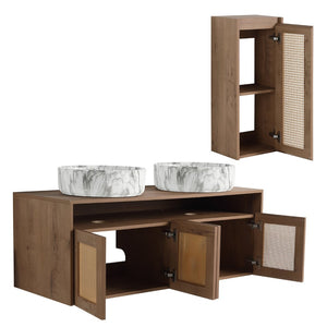 English Elm 48" Floating Bathroom Vanity Dual Ceramic Vessel Sinks Oak Finish Soft Close Doors W999S00500