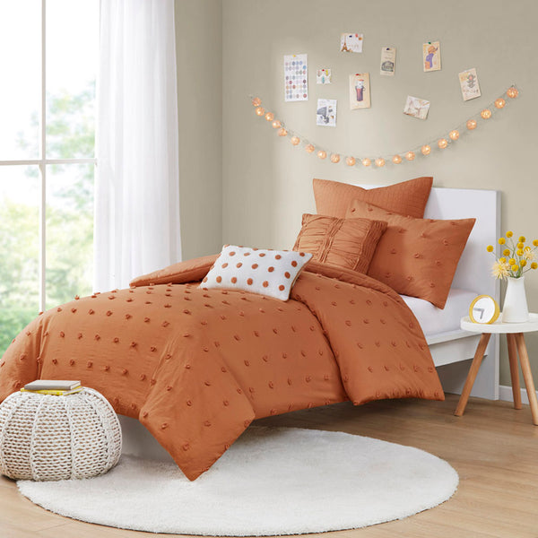 JLA Home Urban Habitat - Cotton Brooklyn Cotton Jacquard Duvet Set with Tufted Chenille Dots, Quilted Euro Shams, Pillows Rust UH12-2497