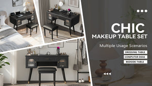English Elm Elegant Vanity Makeup Table with Charging Station & Carved Glass Door, Sturdy Stool Included Black N844P285188B