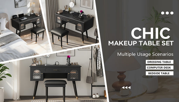 English Elm Elegant Vanity Makeup Table with Charging Station & Carved Glass Door, Sturdy Stool Included Black N844P285188B