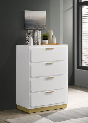 English Elm Modern four-drawer chest with sleek mid-century lines, smooth glides, wood construction, slim handles, versatile bedroom storage solution Gold,White 34.25 L x 21.26 W x 48.42 H B011P362582