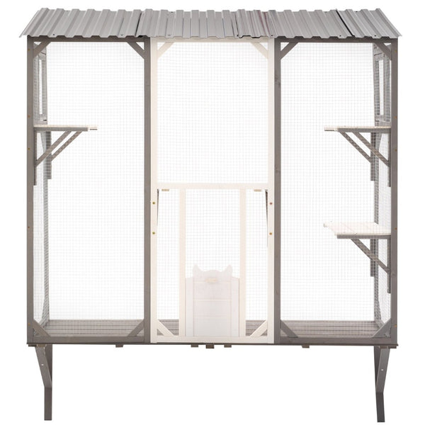 English Elm Outdoor Fir Wood Window Catio Enclosure with Four Climbing Platforms for Cats Grey,White N719P418371K