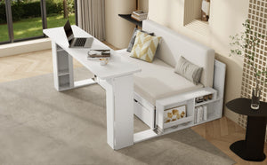 English Elm Full Size Daybed with Hydraulic Desk Armrests Storage Drawer and Sofa Seating White LT000271AAK