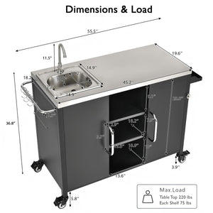 English Elm K&K Outdoor Kitchen Island with 304 Sink, Thick Stainless Top, Spice Rack, Trash Holder, Locking Wheels, BBQ Prep Station N707P270780B