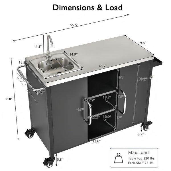 English Elm K&K Outdoor Kitchen Island with 304 Sink, Thick Stainless Top, Spice Rack, Trash Holder, Locking Wheels, BBQ Prep Station N707P270780B