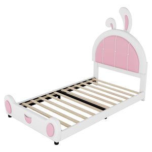 English Elm Twin Upholstered Platform Bed with Ribbit Headboard, White Pink Ears, Low-Profile Modern Frame, Cute WF323763AAK