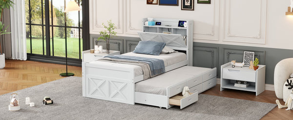 English Elm Twin Storage Bed with Headboard Outlets, Extendable Trundle & 3 Drawers, Durable MDF/Plywood Design White 80.5 L x 17.75 W x 5.25 H N733S172839K