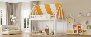 English Elm Full Size Solid Wood Loft Bed with Canopy Led Lighting and Integrated Bookshelf White N7090002242K