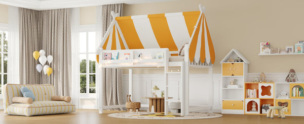 English Elm Full Size Solid Wood Loft Bed with Canopy Led Lighting and Integrated Bookshelf White N7090002242K