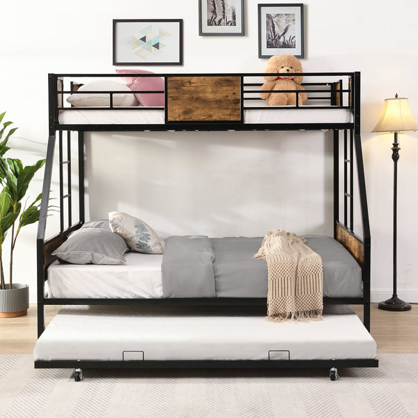 English Elm Twin Metal Bunk Bed Over Full with Trundle, Side Ladder, Full Guardrail, 11" Storage, Easy Assemble W2297P397394