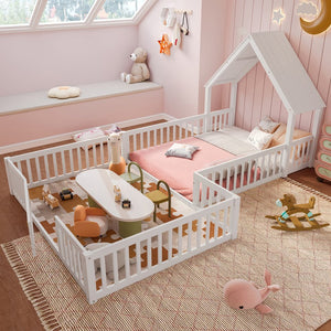 English Elm Full Full Size House Floor Bed with Door & Guardrails, Solid Wood Playful Design for Kids, Safe and Durable White W1580P327130