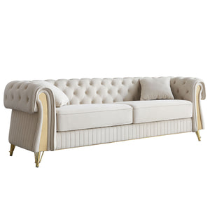 English Elm 89''W Chesterfield Modern Tufted Velvet Sofa with Pocket Springs, Gold Trim & Removable Cushions Beige W579S00037