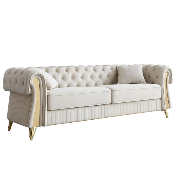 English Elm 89''W Chesterfield Modern Tufted Velvet Sofa with Pocket Springs, Gold Trim & Removable Cushions Beige W579S00037