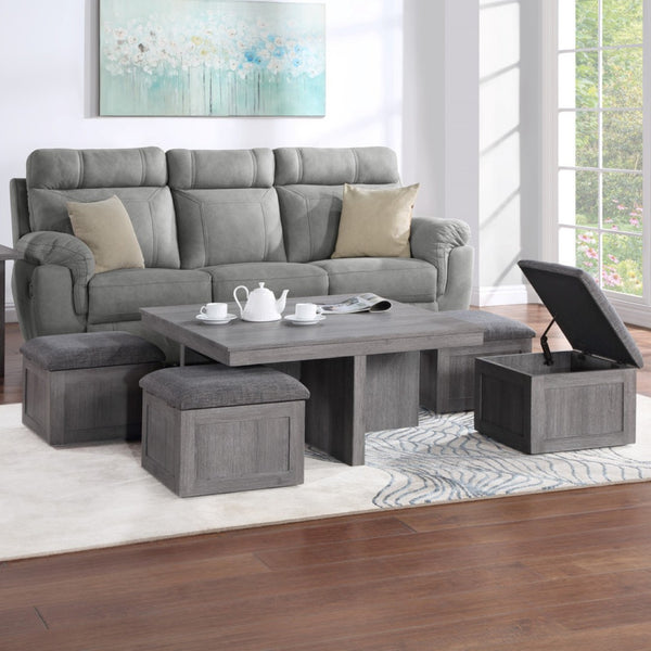 English Elm Montalbano Square Coffee Table with Four Nesting Wheeled Ottoman Storage Stools Light Gray B2749P413274