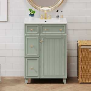 English Elm 24-Inch Bathroom Vanity Cabinet with Ceramic Sink, Space-Saving Storage, Solid Wood Feet, Durable Finish Green WF532034AAF