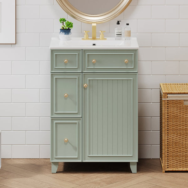 English Elm 24-Inch Bathroom Vanity Cabinet with Ceramic Sink, Space-Saving Storage, Solid Wood Feet, Durable Finish Green WF532034AAF