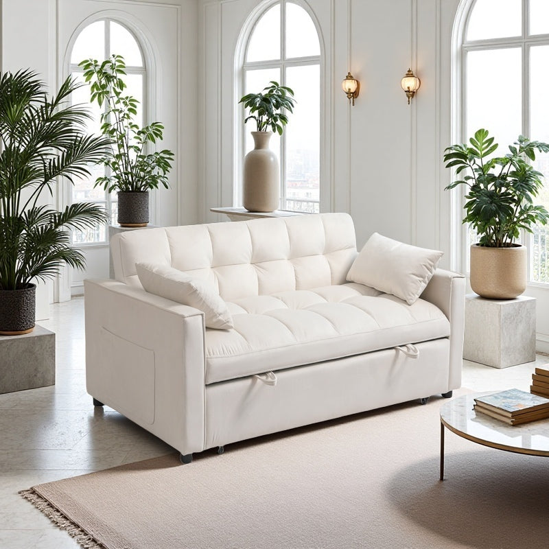 English Elm Sleeper 3-in-1 Velvet Pull-Out Sofa Bed with Adjustable Backrest, Storage Pockets, 2 Pillows, Cream W3138P281697