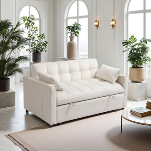 English Elm Sleeper 3-in-1 Velvet Pull-Out Sofa Bed with Adjustable Backrest, Storage Pockets, 2 Pillows, Cream W3138P281697