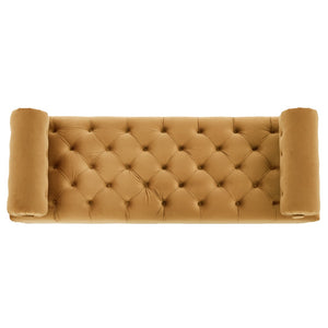 English Elm Modern Tufted Velvet Bench with Gourd Legs and Pillows for Bedroom Entryway Yellow N761P335807L