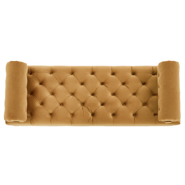 English Elm Modern Tufted Velvet Bench with Gourd Legs and Pillows for Bedroom Entryway Yellow N761P335807L