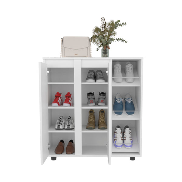 English Elm Gitano Freestanding Shoe Cabinet with 2 Doors, 8 Enclosed & 3 Open Side Shelves, White, Scratch-Resistant Surface B128P375278