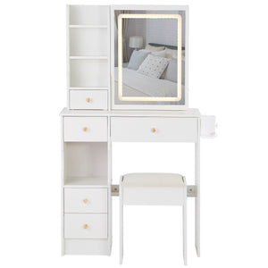 English Elm 29.2" Compact Left Drawer Vanity Table With Cushioned Stool, Led Mirror, Usb Ports & Hair Dryer Holder W3258P299616