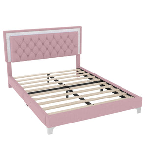 English Elm 3-Pieces Tufted Upholstered Platform Bed with Romantic LED Headboard and Two Storage Nightstands Pink 63.98 L x 23.23 W x 5.91 H N733S183659H