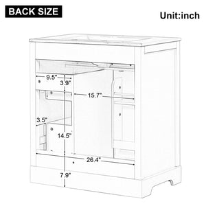 English Elm 30" White Bathroom Vanity Solid Wood Mdf Cabinet Two Drawers with Ceramic Sink Top N725P369592K