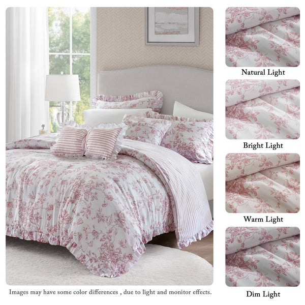 JLA Home Madison Park Essentials - 5 Vintage Coquette Comforter Set with Ruffle Trim, Reversible Stripe, OEKO‑TEX Microfiber for Charming Bedrooms Pink MPE10-1169