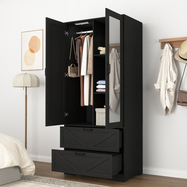 English Elm 2 Door Wardrobe Closet with Full Length Mirror Motion Light Hanging Rod and Drawers Black W409P266778