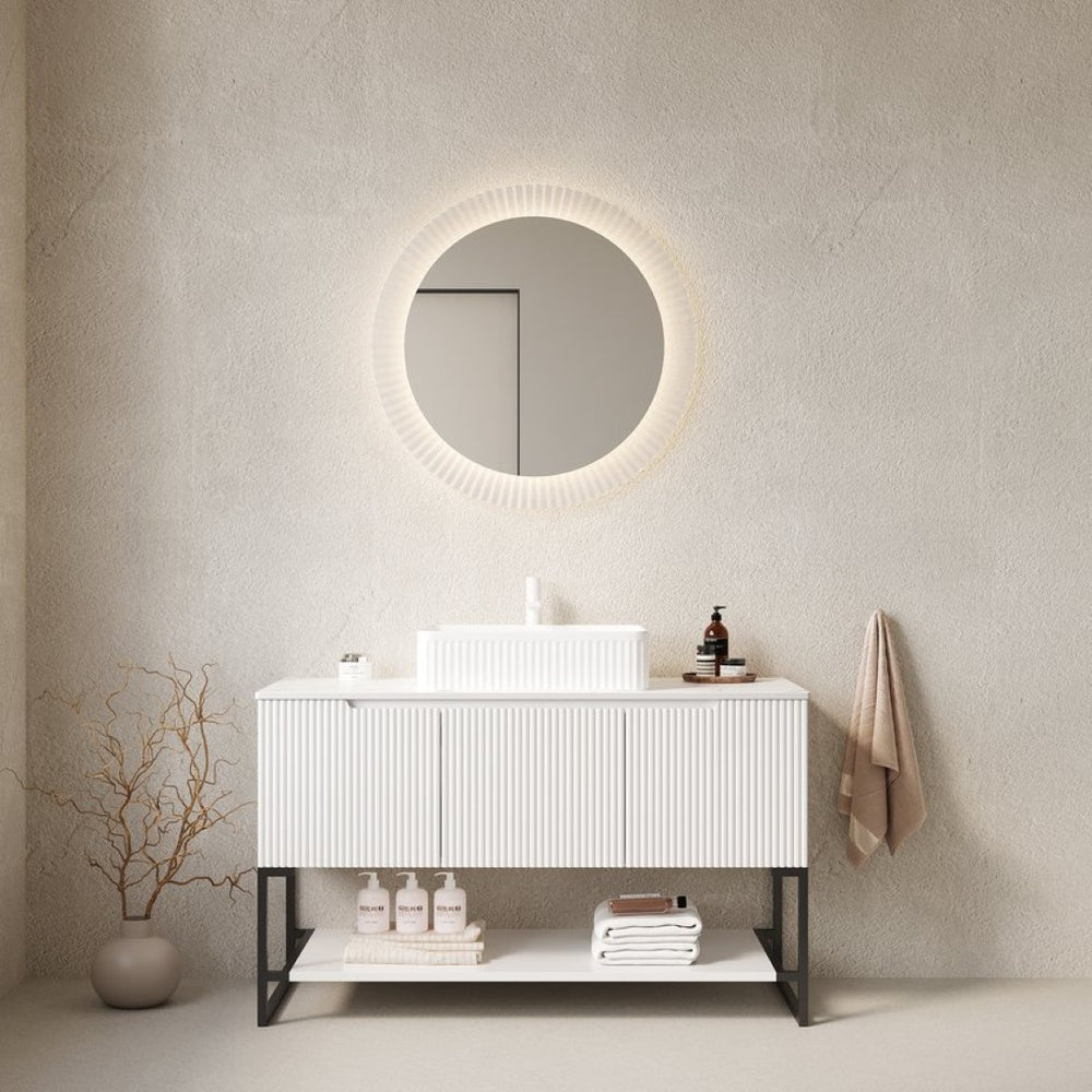 English Elm 48" Freestanding Bathroom Vanity Cabinet Sintered Stone Top Woodgrain Finish Open Shelf W2615S00107