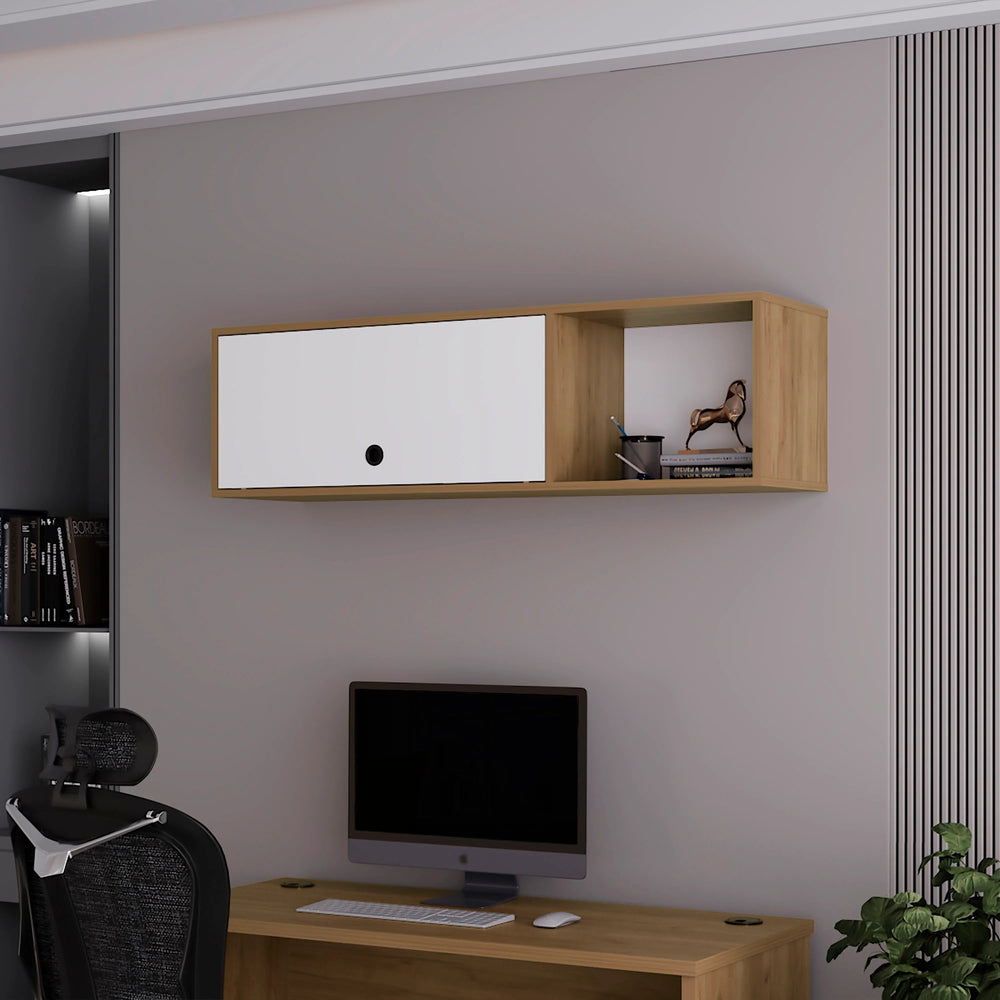 English Elm Natural Oak Wall-Mounted Cabinet with White Accents, 3 Open Shelves & Concealed Door Storage, Modern Rustic Appeal B062P290295