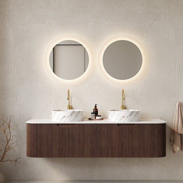 English Elm Dina 60" Wall-Mounted Bathroom Vanity With Curved Sinks, Dark Walnut Cabinet & Soft-Close Drawers W2615S00497