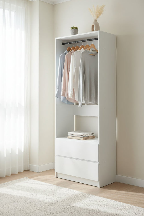 English Elm Prosper 32" White Wood Walk-In Closet System with Two Rods, Freestanding Oak Finish, Durable Melamine B040P407430