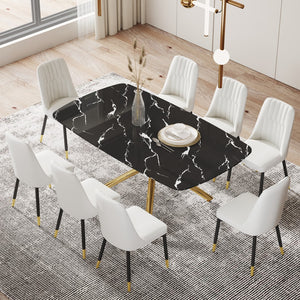 Hearth and Haven Large Modern Minimalist Rectangular Dining Table with 0.39 "Imitation Marble Black Tabletop and Golden Metal Legs, Paired with Chairs with Leatherette Cushions and Black Metal Legs. F-1537 C-007 W1151S00878 W1151S00878