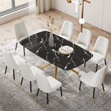 Large Dining Set: Black Marble-Look Table, 6 Leatherette Chairs, Gold Legs