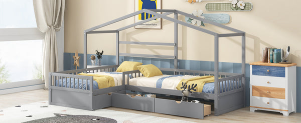 English Elm Twin House Platform Bed with Three Storage Drawers for Kids, Solid Pine & MDF, Sleek Roof Design Gray GX001026AAE