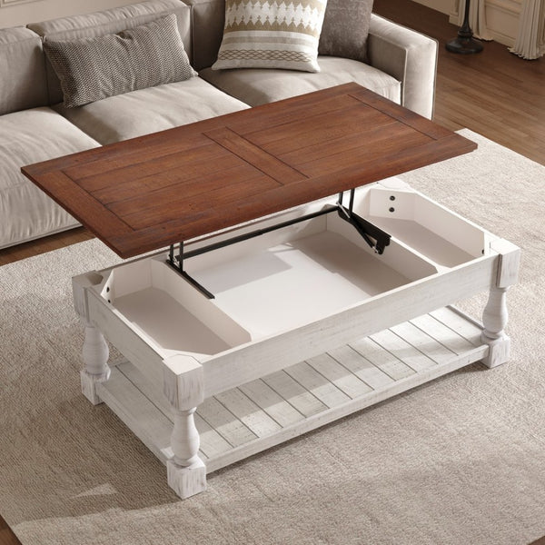 English Elm Farmhouse Coffee Table Solid Planked Wood with Open Shelf Square Baluster Living Room Antique Espresso,Antique White W1445P362858