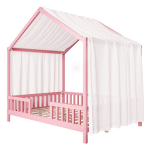 English Elm Montessori House Bed Frame Twin with Canopy & Full Guardrails, Cozy Kids Platform Bed for Toddlers Pink 77.8 L x 17.25 W x 7 H N733P356048H