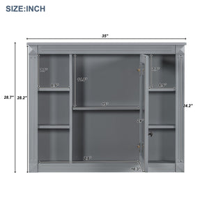 English Elm 35'' Modern Medicine Cabinet with Mirror and Towel Rod, MDF Wall-Mounted Bathroom Storage with Adjustable Shelves and Soft-Close Hinges Grey WF305081AAE