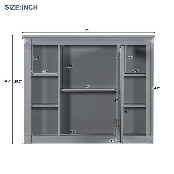 English Elm 35'' Modern Medicine Cabinet with Mirror and Towel Rod, MDF Wall-Mounted Bathroom Storage with Adjustable Shelves and Soft-Close Hinges Grey WF305081AAE