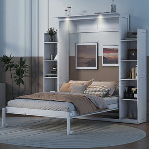English Elm Full Size Murphy Wall Bed with Led Lighting Side Storage Cabinets and Slatted Support White LP000694AAK-1