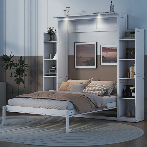 English Elm Full Size Murphy Wall Bed with Led Lighting Side Storage Cabinets and Slatted Support White LP000694AAK-1
