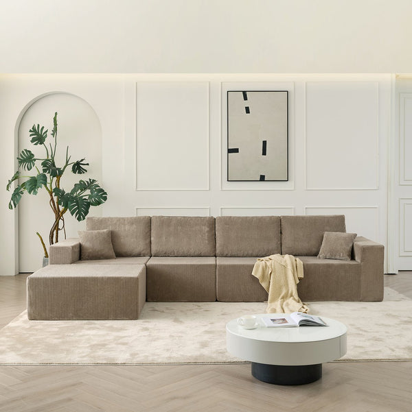 English Elm 139.3" Modular Sectional Sofa - Cloud-Like Boneless Corduroy Couch with Ottoman, 2 Pillows, No Assembly Grey W2656S00010