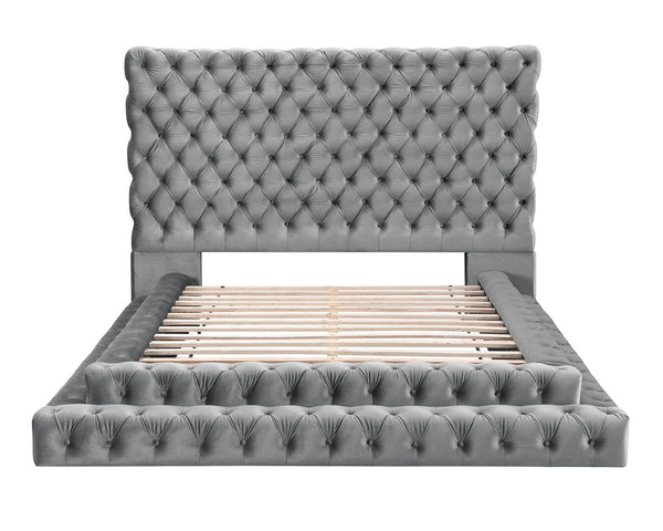 English Elm Contemporary Gray Flannelette King Bed Tufted Tall Headboard Glam Platform Frame B2741S00817