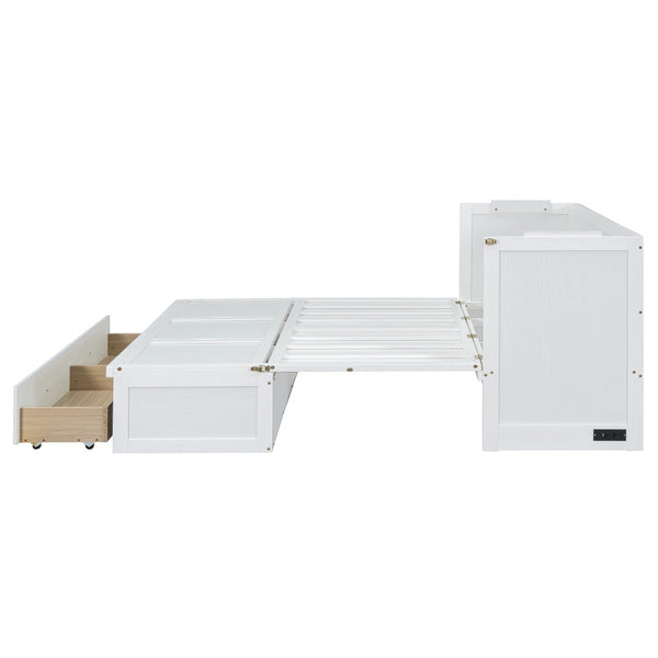 English Elm Queen Murphy Wall Bed with Pull Out Drawer and Built in Usb Charging Cabinet White N708P205905K
