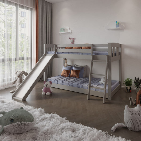 Homeroots Gray Twin Over Twin Solid Wood Bunk Bed With Slide And Ladder Grey Solid Wood 506617