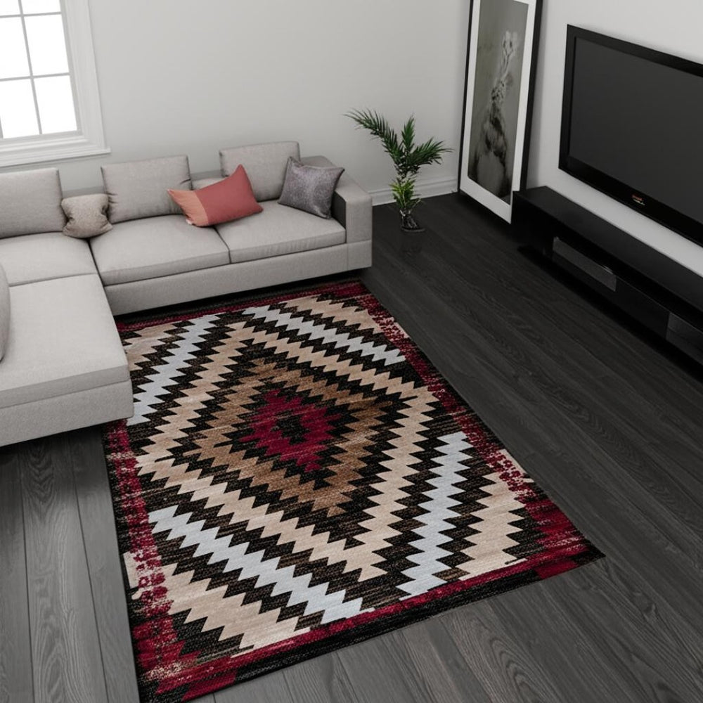 HomeRoots 5' Brown and Red Geometric Area Rug - Stylish, Durable, Low-Maintenance Design for Any Room Decor 8' X 10' 506679