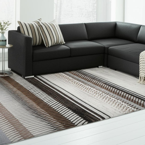 HomeRoots 5' Beige Striped Area Rug - Elegant, Durable, and Machine-Woven for Living Rooms and Offices 8' X 10' 506683