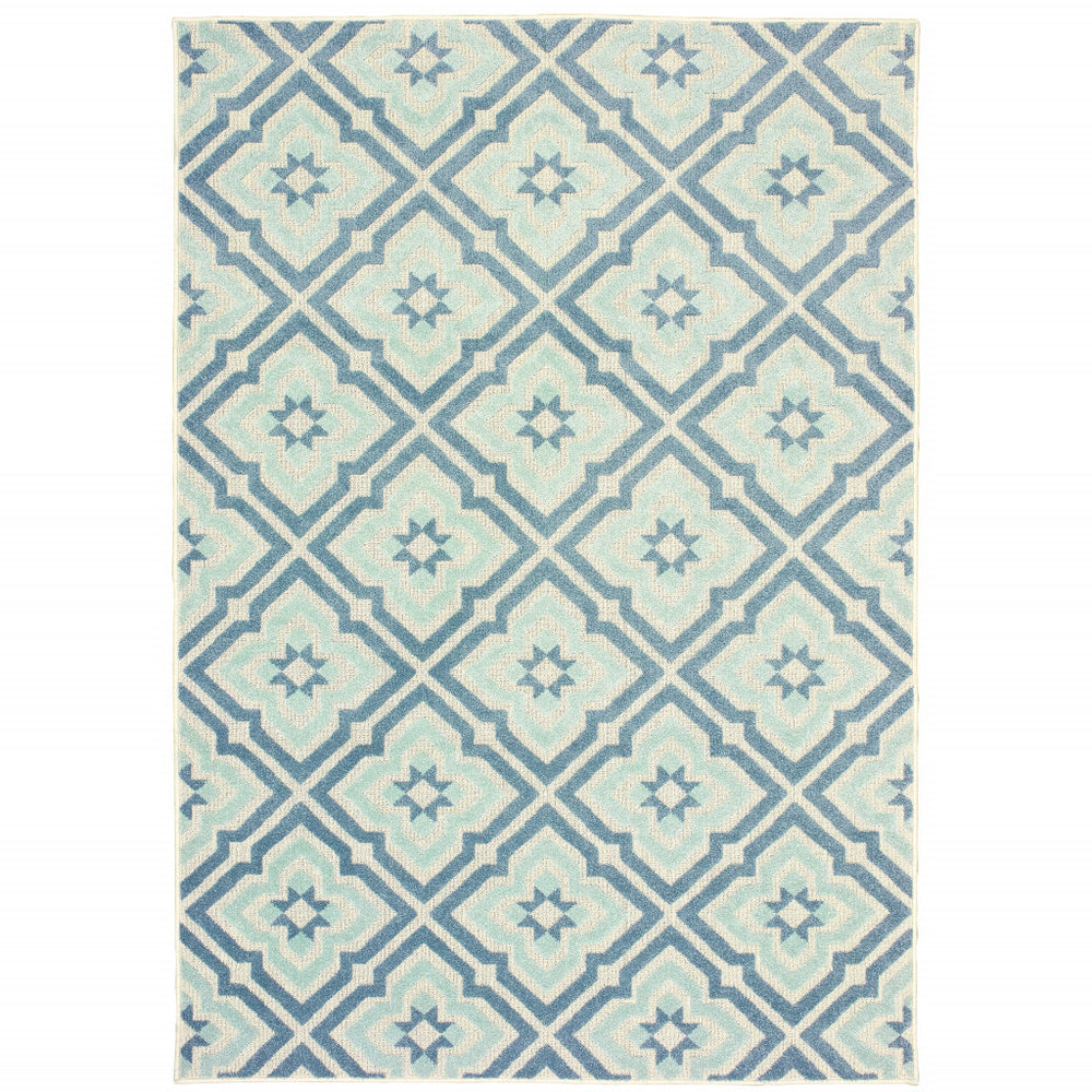 Homeroots 10' X 13' Blue And Ivory Geometric Stain Resistant Indoor Outdoor Area Rug  Polypropylene 506689